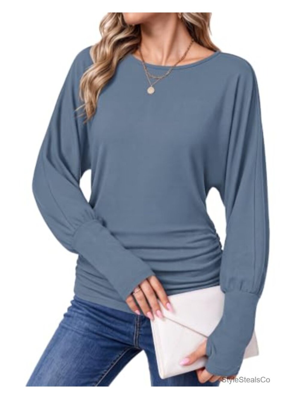 Women's Dolman Long Sleeve Top with Thumb Holes - Ruched Hem, Stretchy